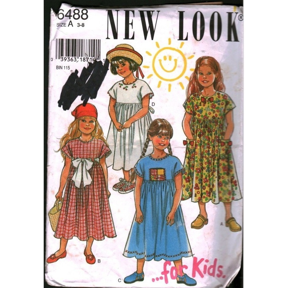 New Look 6488 Girls Dress Sewing Pattern Size‎ 3-8 High Waist Bow Rick Rack Trim